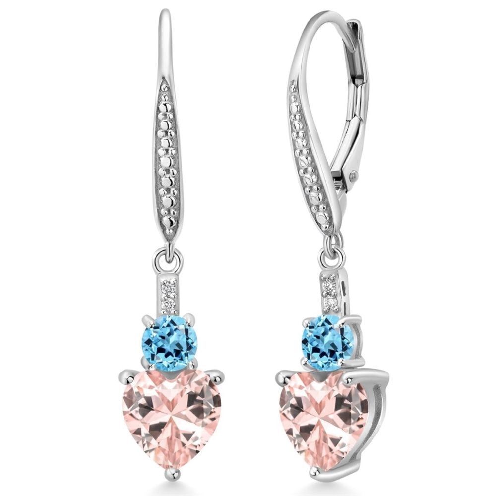925 Sterling Silver 3.24 Cttw Peach Morganite and Blue Topaz Heart Earrings